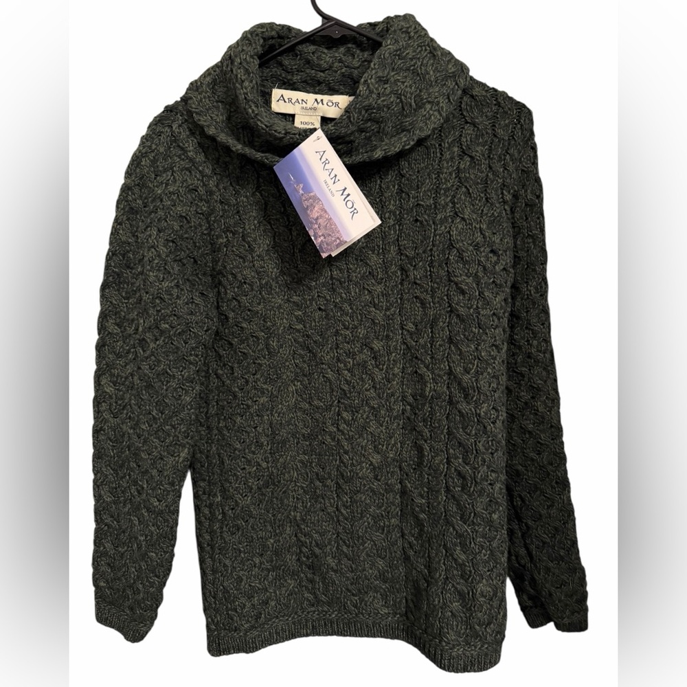 Aran Mor Women's Merino Wool Cowel Neck Tunic Sweater - Dark Green NWT
